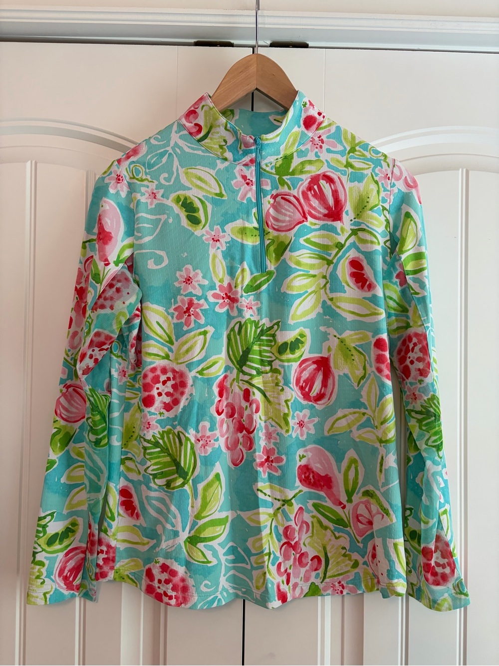 IBKUL Women's Tutti Seafoam Multi Floral Print Long Sleeve Quarter Zip Top Sz M